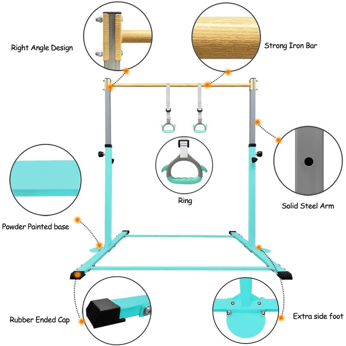 Гімнастичний гриф HomeSun для дітей, міцний нахилений гриф з кільцями, горизонтальний гімнастичний гриф для домашніх тренувань, регульована висота 90-150 см, тренажер до 100 кг, вік 3-15 років, бірюзовий