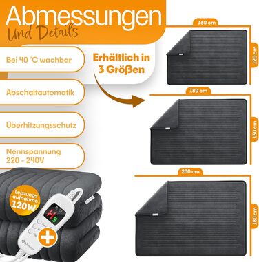 Плед з підігрівом KESSER Plush 180x130 см сірого кольору, сертифікований TV SD GS Електричний ковдр з підігрівом, таймером та автоматичним вимкненням Затишний плед 7 температурних режимів Можна прати до 40C Цифровий дисплей 180 x 130 см антрацитового коль