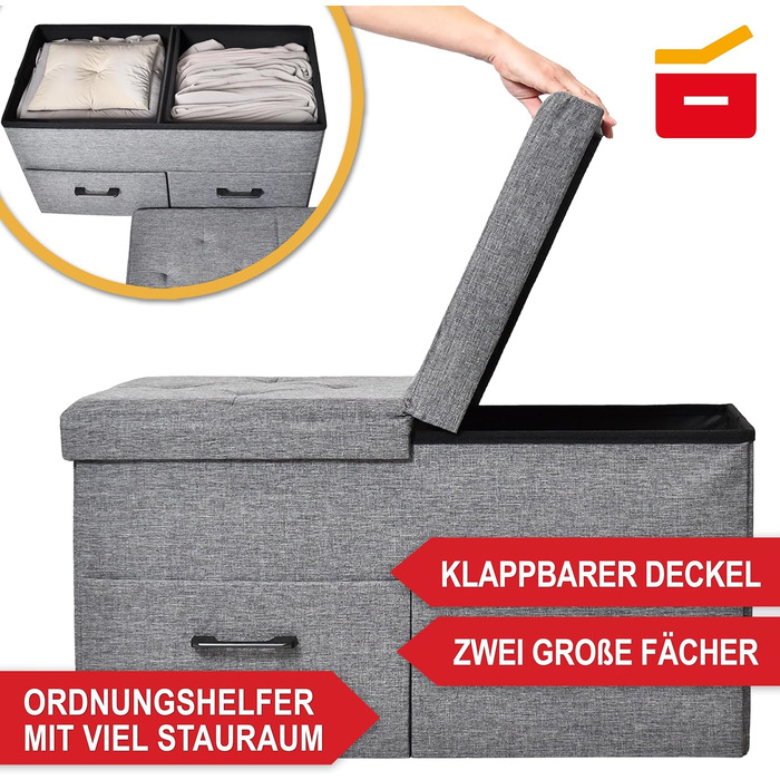 Лавка для зберігання речей - з практичним місцем для зберігання речей - кришка на петлях та шухляди - коробка для зберігання сірого кольору - м&39яка - ідеальні меблі для вітальні, коридору тощо (2 шухляди)