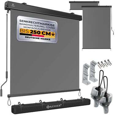 Вертикальна маркізна KESSER 200x250 см Вулична рулонна штора з ручним механізмом, балконна рулонна штора, захист від сонця та приватності, затінення, сонцезахист з ручкою, касетна маркізна, балкон та тераса, вкл. монтажний комплект та кришку, 200 x 250 см