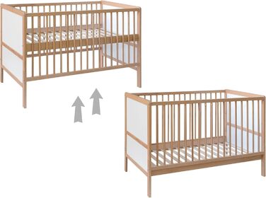 Дитяче ліжко Nelly 120x60 см Дитяче ліжко Натуральний/Білий Бук Регульована висота у 2 напрямках 3 знімні перекладини Сертифіковано EN 716