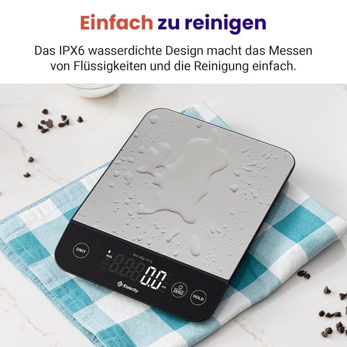 Кухонні ваги ETEKCITY цифрові, з великою пластиною з харчової нержавіючої сталі, зарядка від USB, водонепроникні 10 кг зі світлоді