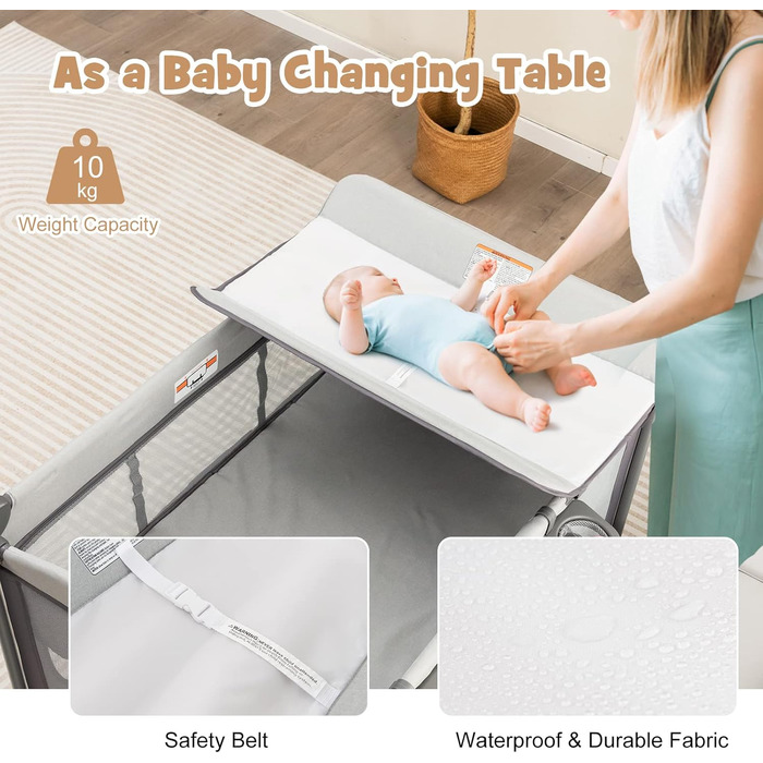 Дорожнє ліжечко GOPLUS 5-в-1 з пеленальний килимок, потовщений матрац, складне дитяче ліжечко з повітряними боковими стінками, колеса, сумка для перенесення, дитяча колиска з навісом, манеж для немовлят 0-36 місяців (сірий)