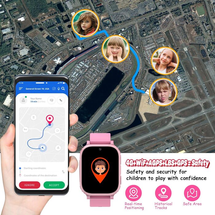Дитячий смарт-годинник, дитячий смарт-годинник 4G з GPS та телефоном, дитячий годинник IP68, функція виклику, SOS, ігри, будильник, шкільний режим, SIM-телефон, смарт-годинник подарунок для дівчаток та хлопчиків, рожевий - 4G GPS