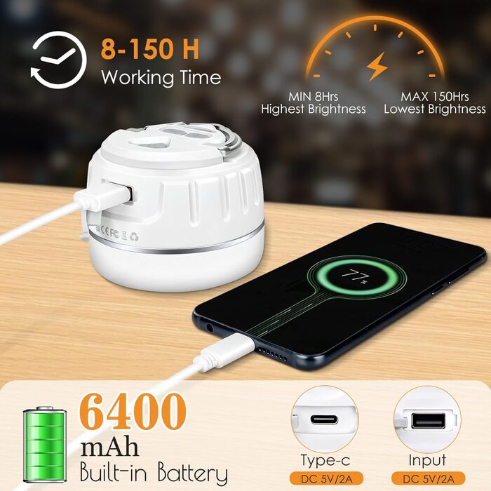 В-1 акумуляторний кемпінговий ліхтар та портативний зарядний пристрій 5200 мАг - захист IP65, надзвичайно яскравий магнітний світлодіодний ліхтар для кемпінгу, роботи в наметі на свіжому повітрі, походів, надзвичайних ситуацій, білого кольору, 2-