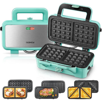 Бутербродниця 3 в 1, вафельниця/контактний гриль/бутербродниця 1200 Вт, 5-швидкісний контроль температури, набори пластин Coater з антиприлипним покриттям, термоізольована ручка, можна мити в посудомийній машині, світлодіодні лампи, синій
