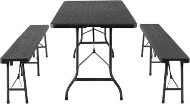Комплект садових меблів tectake з 3 предметів, складаний кемпінговий стіл з 2 пивними лавками, балконні меблі, комплект садових або патіо столів, комплект пивного намету, з ручками для перенесення, довжина 180 см (чорний) Чорний (імітація ротанга)