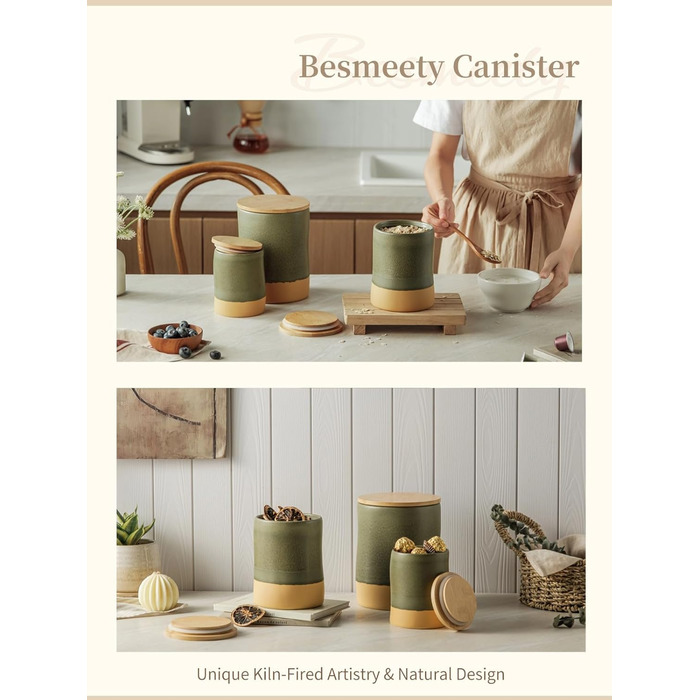 Герметичні контейнери для зберігання Besmeety з кришками, керамічні банки для зберігання, контейнери для зберігання продуктів, кухонне сховище, коробки для зберігання, зелено-жовті (1200 мл x 700 мл)