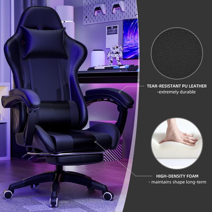 Ігрове крісло Invoker, ергономічне ігрове крісло, комп&39ютерне офісне крісло з підставкою для ніг, регульована спинка 90-135, поворотне крісло для ПК на 360, чорне