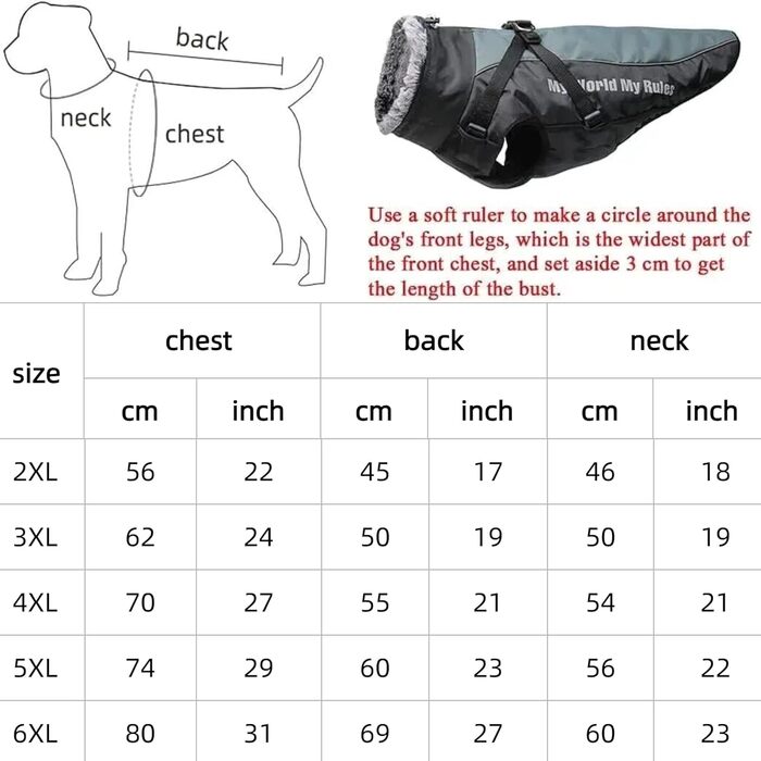 Водонепроникна зимова куртка для собак зі шлейкою, захистом для живота, жилетом для домашніх тварин на блискавці, світловідбиваючою та вітрозахисною курткою для собак середнього та великого розміру 2XL-6XL (3XL)
