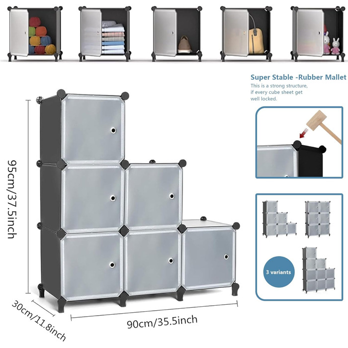 Модульний стелаж AWTATOS, 6 кубів, комбіновані полиці з дверима, багатофункціональна система полиць своїми руками для вітальні, спальні, ванної кімнати, чорний ULPZ008