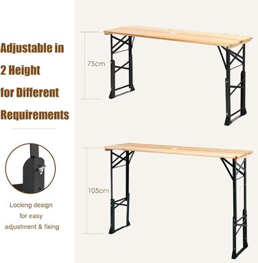 Пивний стіл KOMFOTTEU з регульованою висотою (75 см-105 см), складаний стіл-намет для пива з отвором для парасольки, стіл для пікніка, розкладний стіл, фуршетний стіл для саду, вечірки, 168,5 x 50 см (Д x Ш)