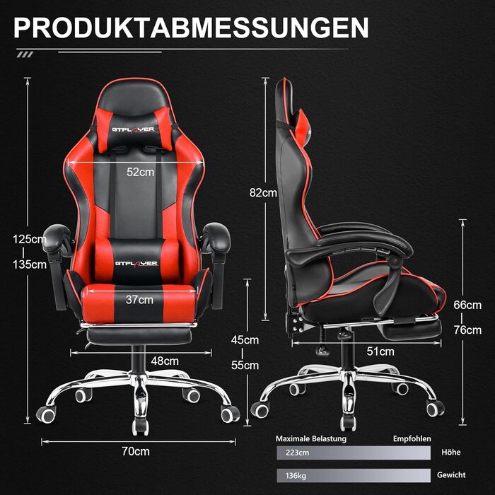 Офісне крісло Ігрове крісло Масажне ігрове крісло Ергономічне ігрове крісло з підставкою для ніг, підголівником, масажною подушкою для попереку, м&39яке ігрове крісло, обертове крісло ЧЕРВОНОГО кольору