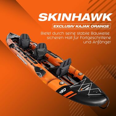 Ексклюзивний помаранчевий набір для каяків SKINHAWK 480 - Надувний човен - Каное - 480 x 96 см - 3-місний каяк. Набір для каяків Skinhawk 480 з алюмінієвим веслом