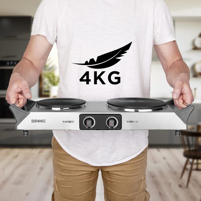 Варильна поверхня Duronic HP2 SS, Кемпінгова плита з 2 варильними поверхнями, Електрична варильна поверхня для кемпінгу, офісу або кухні, Подвійна варильна поверхня з плавним регулюванням температури, Подвійна варильна поверхня 2400 Вт Срібло