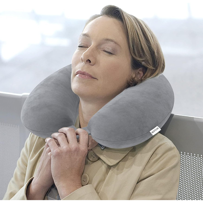 Подушка з піни памяті Neck Pillow Lightweight Quick Pack for Airplane Train Car Travel Camping Neck Support Pillow (темно-сіра)