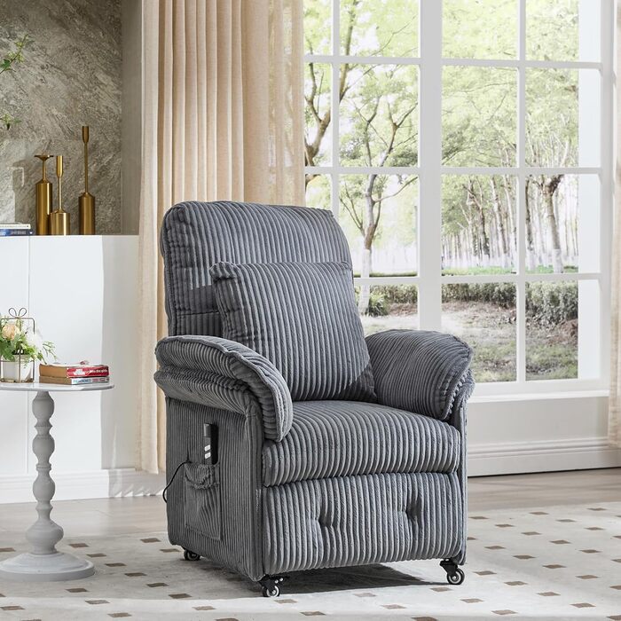 Моторне електричне крісло-реклайнер, крісло для телевізора з функцією відкидання, крісло для телевізора у вітальні з колесами, регульована спинка та підставка для ніг, 2 бічні кишені, вельветовий диван, темно-сірий, 2-