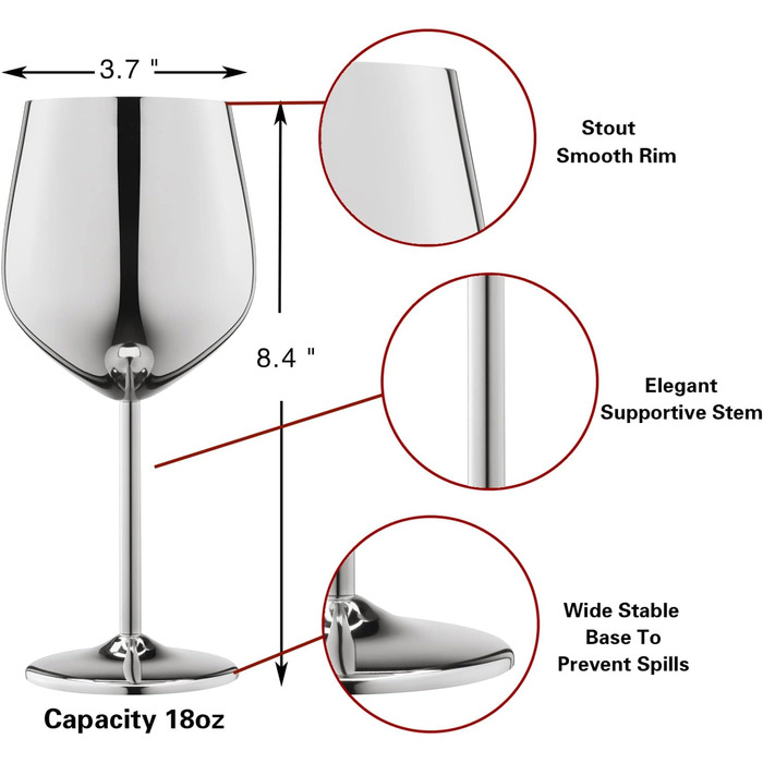 Набір келихів для вина WOTOR з нержавіючої сталі, 540 мл, кемпінгові келихи для вина не б'ються, міцні та портативні металеві кели
