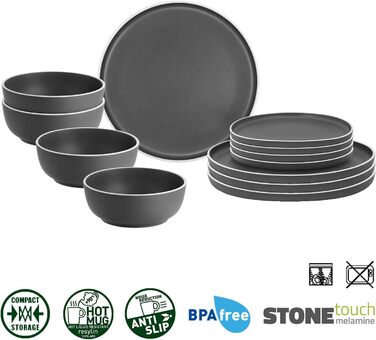 Набір меламінового посуду для кемпінгу 12 предметів - Тарілки та миски для 2-4 осіб DOLOMIT Midday - Штабелюється, стійкий до подряпин Midday, 12 предметів