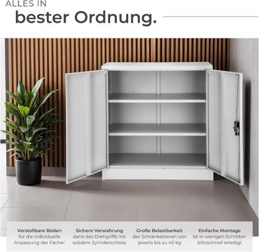 Картотечна шафа, що замикається, металева шафа з циліндричним замком безпеки, офісна шафа, що замикається, багатоцільова сталева шафа, 3 полиці з регульованою висотою, 90 x 40 x 90 см - сірий