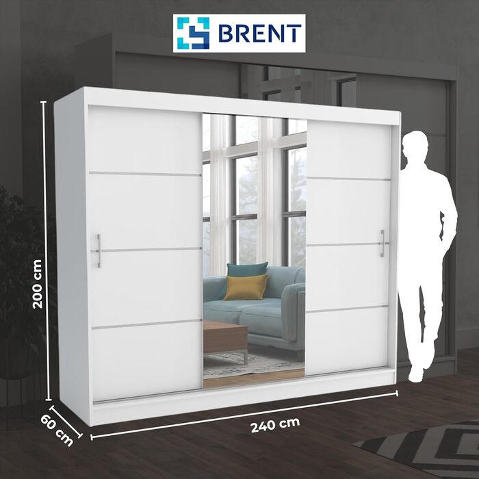 Шафа з дзеркалом шириною 240 см Windsor Tomy I Шафа для спальні з 2 рейками для одягу та полицями для одягу I Шафа Біла Біла - Дзеркало 240 см