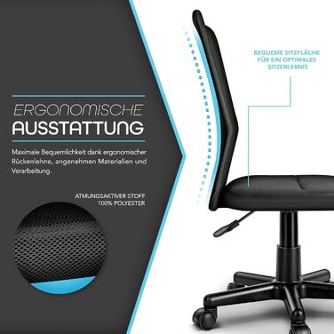 Офісний стілець TRESKO, стілець для роботи, обертовий стілець, доступний у 7 кольорах, з плавно хідними пластиковими колесами, плавне регулювання висоти, м&39яке сидіння, підйомний механізм, протестований SGS (чорний) Без підлокітників, чорний