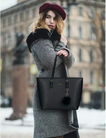 Жіноча сумочка чорна, шкіряна сумка шоппера, велика, для офісних шкільних покупок з кулькою з кролячого хутра, плюшевий брелок для