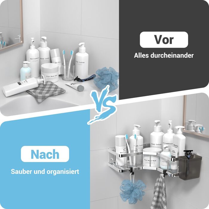 Полиця для душу FINIBO, не потребує свердління, 2 самоклеючі кутові органайзери для ванної кімнати, полиця для душу з нержавіючої сталі з 4 гачками та 2 тримачами для зубної пасти, чорний душовий кошик, кошик для душу для ванної кімнати та кухні, срібляст