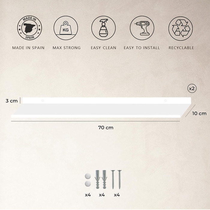 Настінна полиця MILUKA, біла металева Комплект із 2 настінних полиць довжиною 70 см Біла рейка для картин, рамок для картин, книг Настінні полиці для спальні, кухні, офісу, вітальні 70 x 10 см, біла, 2 шт.