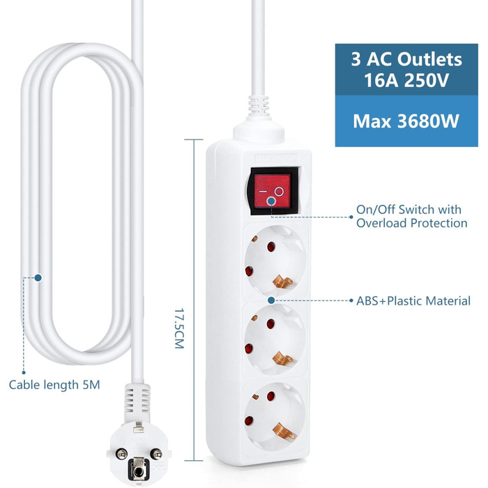 Триконтактний подовжувач Aigostar з вимикачем, настільна розетка, замок від дітей, кабель 5 м, білий