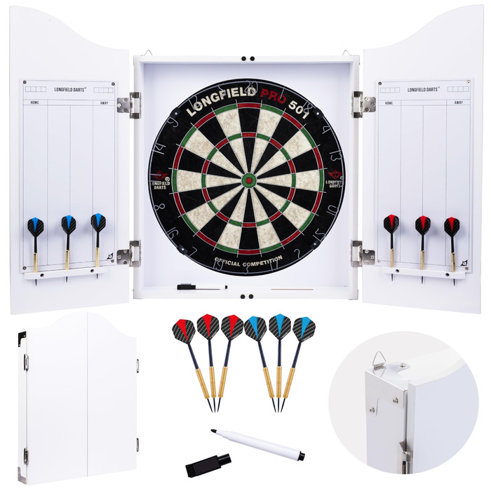 Дерев&39яна шафа для дротиків Engelhart, сизалева мішень для дротиків, включаючи 6 дротиків 18 г та аксесуари (білий колір)