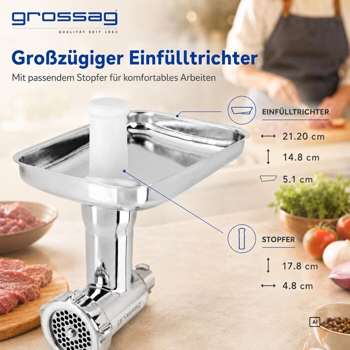 Насадка-м'ясорубка grossag для KitchenAid з нержавіючої сталі, 3 перфораційні решітки, KFW 500