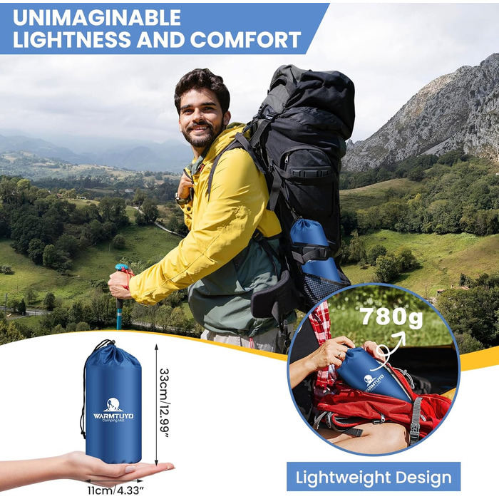 Килимок для сну для кемпінгу, надлегкий надувний кемпінговий матрац з ножним насосом та подушкою, складний водонепроникний надувний матрац, килимок для сну з антиріпстопним покриттям для походів, пляжний, для використання на свіжому повітрі, темно-синій