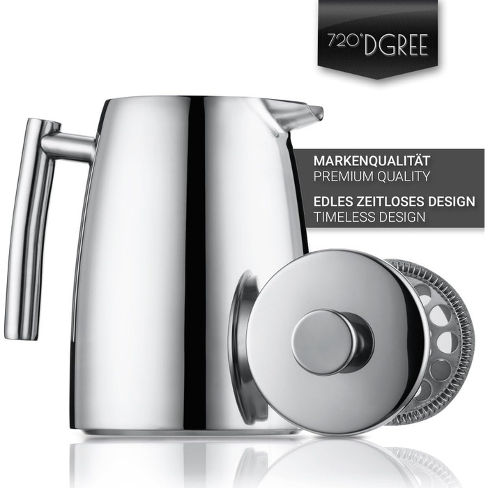 Френч-прес з нержавіючої сталі 720 DGREE Sunrise - 1 літр - без бісфенолу А - кавоварка, кавник з постійним фільтром - Елегантний кавник на 4-8 чашок Ідеальна насолода кавою