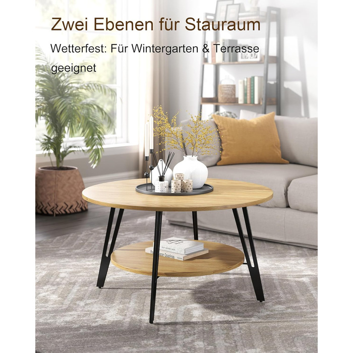 Круглий дерев&39яний журнальний столик Manora з подвійним відділенням для зберігання, круглий стіл для вітальні, дерев&39яний бічний столик з металевою основою, сучасний дизайн круглого дивана-столика для вітальні (дуб, C25298) Меблі для вітальні з дуба