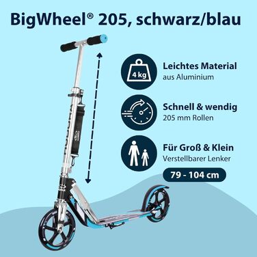 Самокат HUDORA BigWheel 205 стабільний алюмінієвий міський самокат, складаний, з регулюванням висоти та підніжкою, для дітей та дорослих до 100 кг, синій/чорний