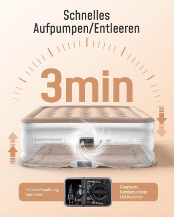 Самонадувальний надувний матрац Airefina з вбудованим насосом, преміальне гостьове ліжко, швидке надування за 3 хвилини, надувний матрац для кемпінгу та домашнього використання - 203 x 152 x 40 см