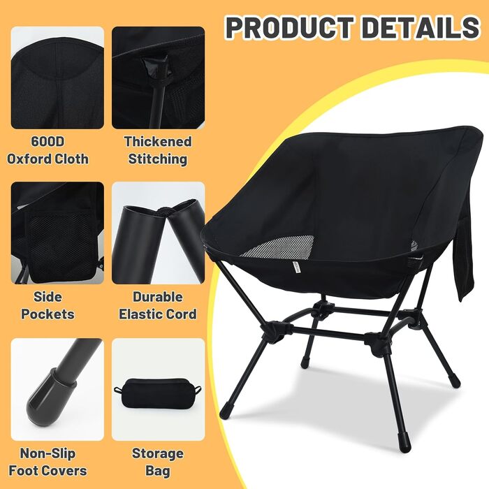 Складаний кемпінговий стілець, надлегкий маленький складний стілець, регульована висота, з боковими кишенями, компактний кемпінговий стілець для пікніків, риболовлі, садівництва, пішого туризму, спорту, активного відпочинку, походів, чорний - 2 шт.