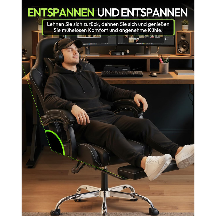 Ігрове крісло Dowinx, офісне крісло, масажне ігрове крісло з регульованими по висоті підлокітниками, ергономічне ігрове крісло з підставкою для ніг, м&39яке ігрове крісло, кут нахилу 150, вагу до 180 кг, чорний колір