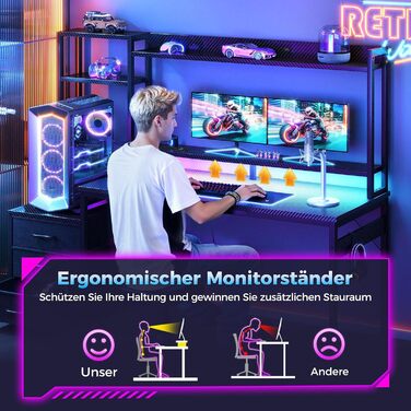 Ігровий стіл Coleshome з полицями та шухлядами, 13748 см Ігровий стіл зі світлодіодним освітленням та розеткою, комп&39ютерний стіл з полицями та підставкою для монітора, чорний колір з вуглецевого волокна Карбонове волокно Чорний 13748 см