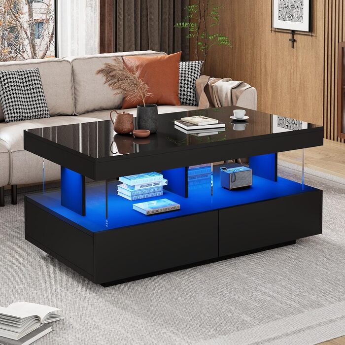 Глянцевий журнальний столик Merax зі світлодіодним підсвічуванням, сучасний стіл для вітальні з висувними ящиками для зберігання, багатофункціональний бічний столик для вітальні, прямокутний центральний стіл, столик-диван, журнальний столик, офісний, чорн