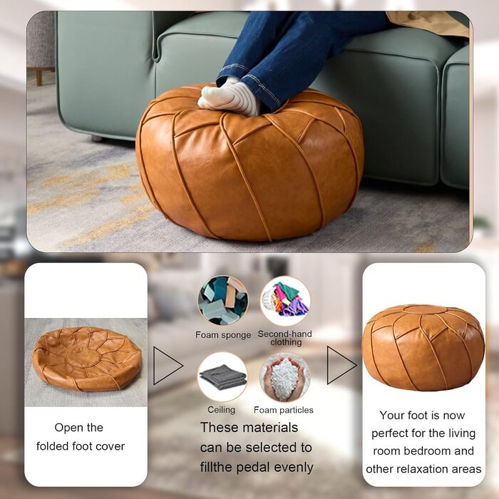 Чохол для пуфа Louis Donn без наповнювача - кругла пуф-подставка з місцем для зберігання, водонепроникне крісло-мішок зі штучної шкіри, підставка для ніг для вітальні, спальні, дитячої кімнати (помаранчевий) Orange-109