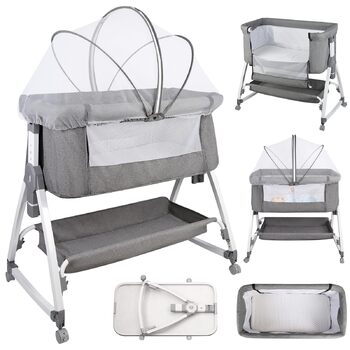 Дитяче ліжечко Side-by-Side, дитяче ліжечко 2-в-1 від народження до 25 кг, додаткове ліжко з 6 регулюваннями висоти, з матрацом/відкидною бічною панеллю/колесами, ліжечко з сітчастої тканини - 80 x 40 x 100-115 см - льон 80 x 40 x 100-115 см - льон