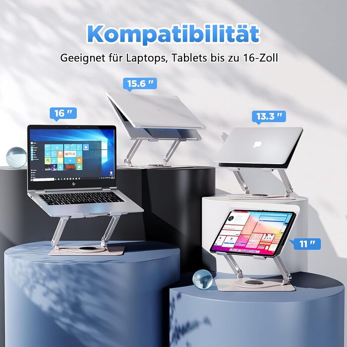 Підставка для ноутбука iCare з магнітним RGB-кулером, поворотна на 360, витримує до 10 кг, надтиха (18 дБ), сумісна з ноутбуками та планшетами до 16 дюймів, срібляста з RGB-підсвічуванням