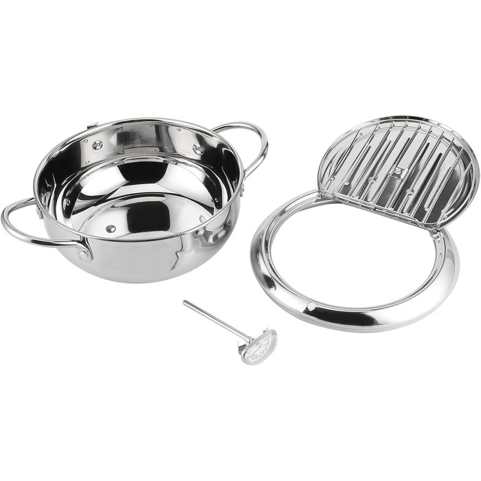 Горщик для фритюрниці, японська каструля з термометром, глибока фритюрниця з нержавіючої сталі 304 з осушувачем олії для чіпсів темпура, картоплі фрі, риби та курки (велика 24 см)