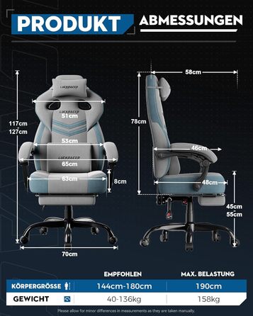Тканина для ігрового крісла LUCKRACER, офісне крісло з підлокітниками, подушка з піни з ефектом пам&39яті, кут нахилу 90155 та підставка для ніг, міцна функціональна тканина, сіро-сіра тканина