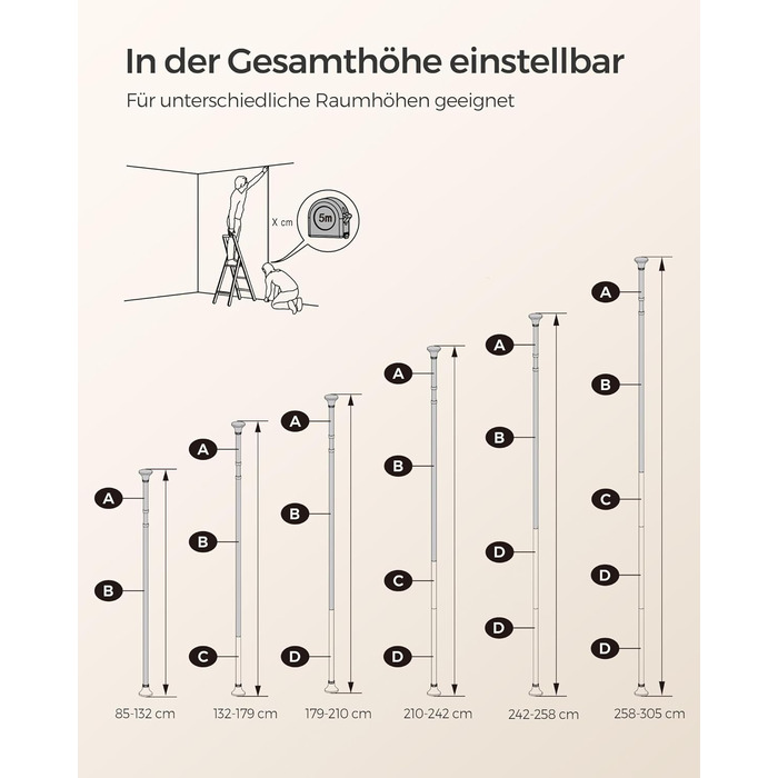 Полиця для душу, кутова полиця для ванної, з 4 полицями, полиця для ванної, загальна висота 85-305 см, регульована по висоті, поли