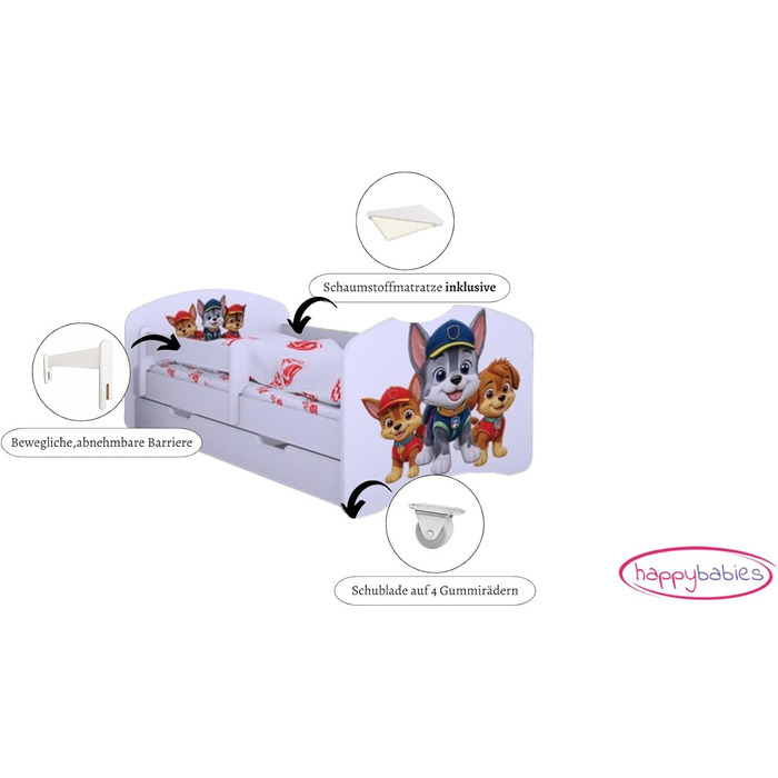 Дитяче ліжко Happy Babies із захистом від падіння для хлопчиків, 160x80 см, для дитячих кімнат з шухлядою, матрац, односпальне ліжко для дітей, біле, синє, з мотивом собаки