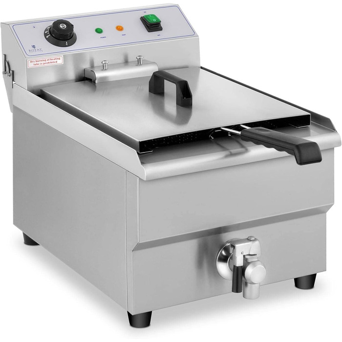 Електрична фритюрниця Royal Catering з нержавіючої сталі RCEF 16EB (3 500 Вт, ємність 16 л, діапазон температур 50-200 C, холодна зона, зі зливним краном)