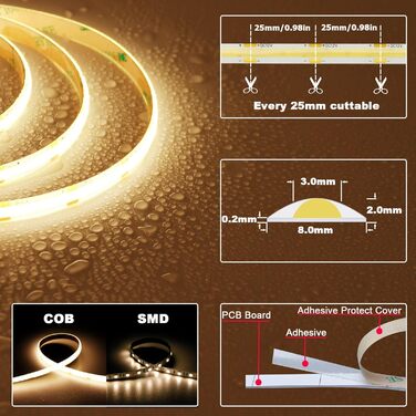 Світлодіодна стрічка TOPAI COB 5M тепла біла водонепроникна IP65, світлодіодна стрічка 12 В 3000K зовнішня, CRI90 дуже яскрава світлодіодна стрічка 4000 лм, самоклеюча, 480 світлодіодів/м гнучкий ріжучий стіл (продукт без живлення) Теплий білий